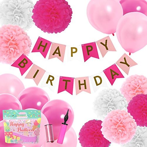Happy Birthday Pom Pom Kit – Flower Poms, Garland, Premium Thick Pearl Latex 12” Balloons, Pump, Ribbon, Tape – Party (Strawberry)