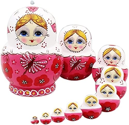 OUFEIJIA Stacking Dolls Handmade Stacking Dolls Wooden Russian with Butterfly Pattern 10 Pieces Girl Nesting Dolls Pink Stacking Dolls for Kids