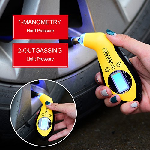 SAFELIFE Digital Tire Pressure Gauge 150 PSI 4 Settings with Backlit LCD and Non-Slip Grip (Yellow)