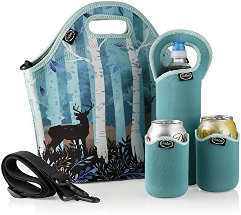 Tabkoe Insulated Neoprene Lunch Bag Set with Tote, Bottle Sleeve, 2 Can Insulators &amp; Adjustable Crossbody Shoulder Strap | Washable, Reusable, Stretchy, Extra Large Travel Lunch box (Birches)