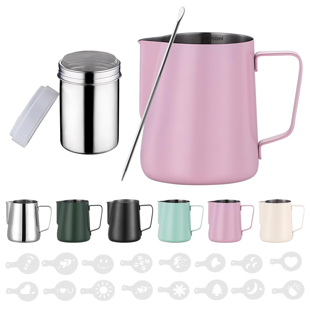 Zuquik 350 ml Stainless Steel Milk Jug, Barista Milk Jug with Measurement Mark 12 oz, Milk Foam Jug with Cocoa Shaker, 16 Latte Art Stencils & Pen for Cappuccino and Espresso, Pink