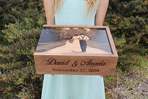 Personalized Wine and Letter Box Keepsake for Wedding Ceremony, Custom Photo on Wood Lid with First Names & Date Engraved on Side