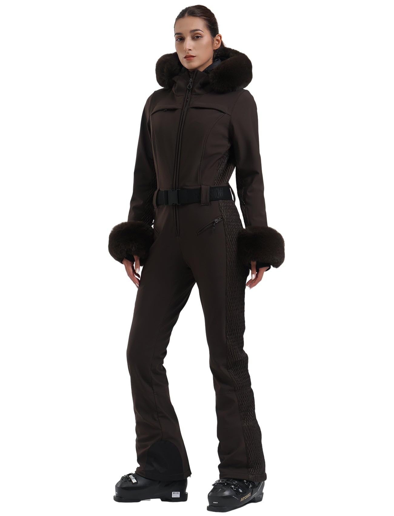 Photo 1 of GSOU SNOW Womens Ski Suit One Piece Snowsuit Snowboard Jacket Slim Snow Jumpsuit Faux Fur Ski Outfit Waterproof Windproof Insulated,Brown S