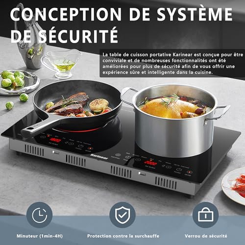 Karinear, 2-burner ceramic hob, electric hob, portable electric hob with VDE socket, child safety, residual heat indicator, 220-240 V