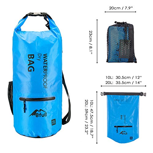 BFULL Waterproof Dry Bag 10L/20L [Lightweight Compact] Roll Top Water Proof Backpack with 2 Exterior Zip Pocket for Kayaking, Boating, Duffle, Camping, Floating, Rafting, Fishing