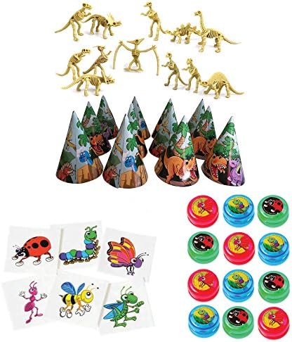 AJPSales Dinosaur Skeletons And Insect Tattoos Party Pack - 12 Dinosaur Toy Figures, 12 Dino Party Hats, 144 Insect Tattoos And 12 Insect Yoyos