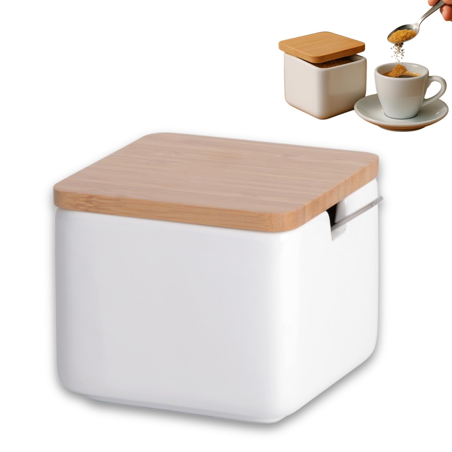 KOOK TIME White Ceramic Sugar Bowl with Bamboo Lid and Stainless Steel Spoon | Perfect as Sugar Pot, Salt Cellar or Spice Jar | 10x10x9 cm