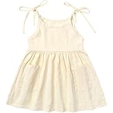 RUKOSU Toddler Baby Girl Summer Cotton Linen White Dresses Bow Straps Sleeveless with Pockets Casual Sundress