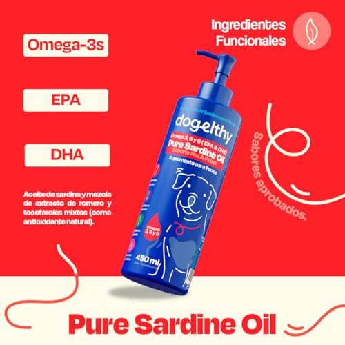 Dogelthy Pure Sardine Oil 450 ml. Aceite de Sardina con Omega 3 para Perro. 300 MG de EPA + DHA por Dosis. Suplemento de Aceite de Pescado para Perro. para Croquetas o Dieta Barf.