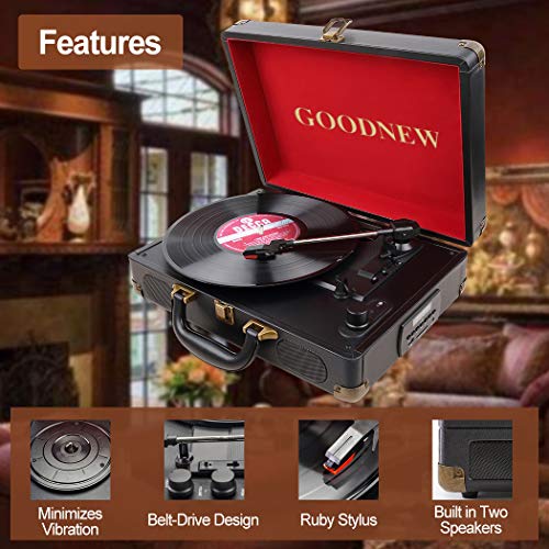 GOODNEW Vinyl Record Player Turntable, Built in Speakers, Support Headphone & RCA Outputand AUX (3.5mm) Input Jack & Bluetooth Connection