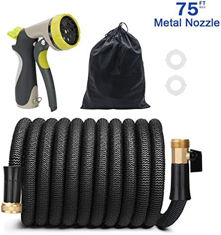 Hongmai Garden Hose - 75ft Expandable Garden Hose, 3/4" Solid Brass Fittings, Extra Strength Fabric, Heavy Duty Leakproof Protector - Kink Free Flexible Water Hose with 8 Function Zinc Metal Nozzle