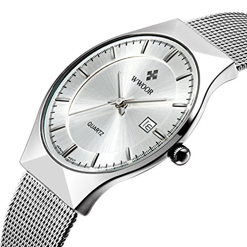 Men's Fashion Business Calendar Quartz Watch Men's Ultra thin Stainless Steel Mesh Band Watch Silver