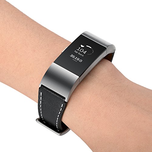 MoreToys Genuine Leather Adjustable Replacement Accessory Sport Watch Band Wrist Strap Bracelet for Fitbit Charge 2 Fitness Wristband (Black)