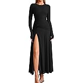 KUTUMAI Long Sleeve Slit Formal Dresses for Women 2025 Fall Wedding Guest Cocktail Party Modest Ruched Maxi Dress