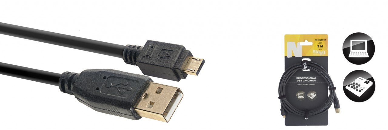 Stagg 21519 3 m "A-Male to Micro A-Male" Gold Plated Connector USB 2.0 Cable - Black