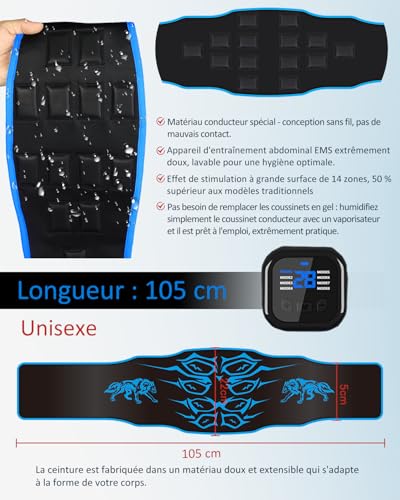 Electric Muscle Stimulator – Washable Electrostimulation Abdominal Belt, 8 Modes, 30 Levels, Rechargeable Portable Fitness Device, Suitable for Home, Office, Men and Women