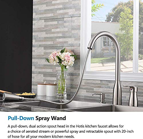 Hotis 3 Hole Pull Out Prep Sprayer Stainless Steel Single Handle Pull Down Kitchen Faucet,Sink Faucet Brushed Nickel Kitchen with Soap Dispenser - Thumbnail 2