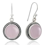 925 Oxidized Sterling Silver Natural Gemstone Round Shaped Rope Edge Dangle Hook Earrings 1.2