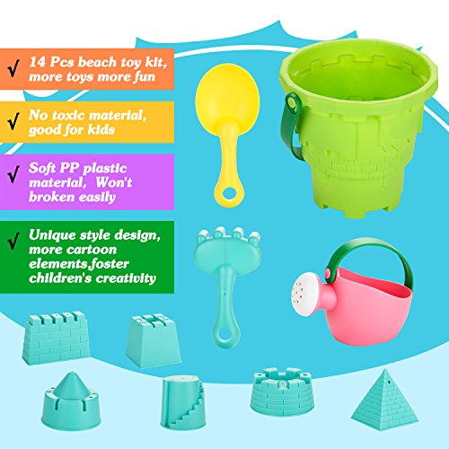 FITNATE Beach Toys Set Soft Plastic Pool Toy s/Bath Toys for Kids, Boys, Girls& Toddler, 10PCS with Mesh Bag , Bucket, Shovels, Rakes, Lots of Sand Molds (BPA Free) - Thumbnail 2