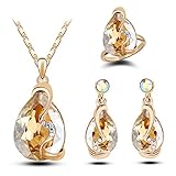 Paxuan Womens Silver Gold Plated Teardrop White Champagne Crystal Wedding Bridal Jewelry Set Teardrop Pendant Necklace Drop Dangle Earrings Wedding Ring Set (Champagne)