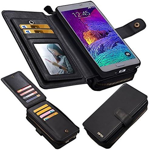 Eloiro Samsung Galaxy Note 4 Case, Premium Leather Zipper Wallet Carrying Case Detachable Flip Holster Protective Button Closure Clutch Cover with Multiple Card Holder and Hand Strap for Galaxy Note4
