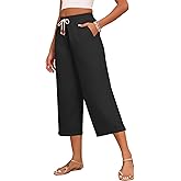 Askyes Womens Capri Pants Cotton Linen High Waisted Wide Leg Lounge Pants Casual Summer Palazzo Pants Trouser with Pockets