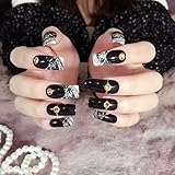 24pcs Long Square Black Fake Nails Queen Style Party False nails Tips Pre-designed with Lace and Metal Rivets Z397