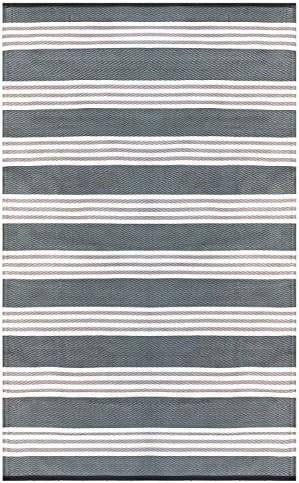 Recycled Easy Clean Outdoor Rug - The Original Earth Collective Mat -Reversible, UV resistant, Mildew Proof, Stripe Grey, Beige &amp; White, Great for Patio,Beach,Picnic or RV Camping. Eco Friendly 4x6