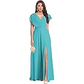 WILLHYDTF V Neck Bridesmaid Dresses Flutter Sleeves Backless Maid of Honor Dress Chiffon Long Evening Party Gowns