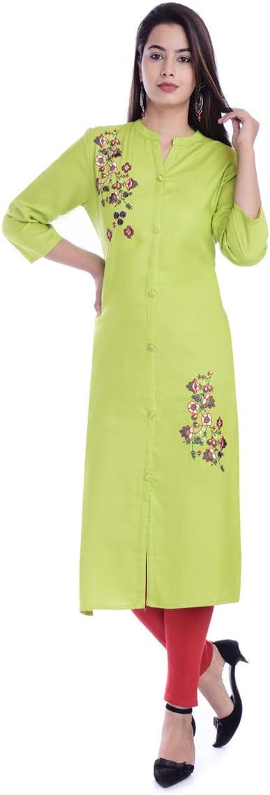 Gorgeous Green Embroidered Rayon Long Kurti for Women and Girls on Jeans/Legging/Skirt/Patiala/Trouser/Pant