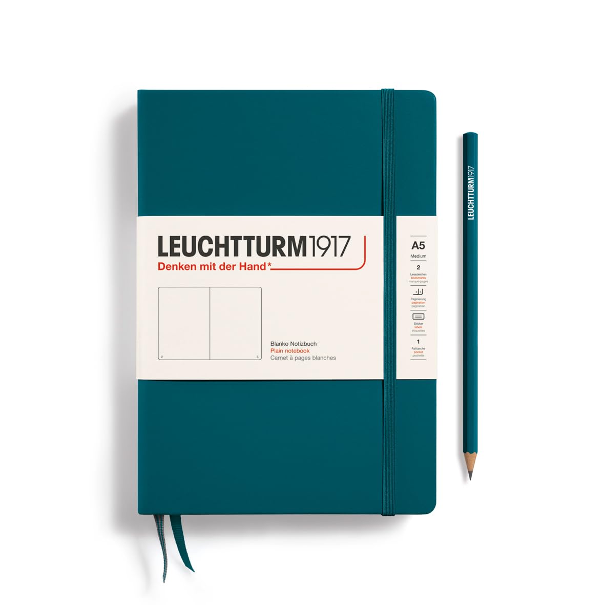 LEUCHTTURM1917 359698 Notebook Medium (A5), Hardcover, 251 Numbered Pages Pacific Green, Plain