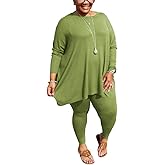 Plus Size 2 Piece Outfits for Women Tracksuit Long Sleeve Tunic Tops Bodycon Long Pants Loungwear Set