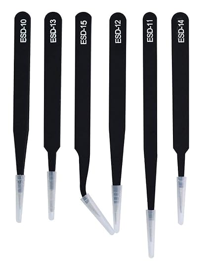 SCHOFIC [Pack of 6] ESD Safe Precision Tweezers, Anti-Static Stainless Steel | Non-Magnetic | ESD Tweezer Set for Electronics, Jewelry, Craft, Laboratory Work, Eyebrow & Ingrown Hair Removal -Black