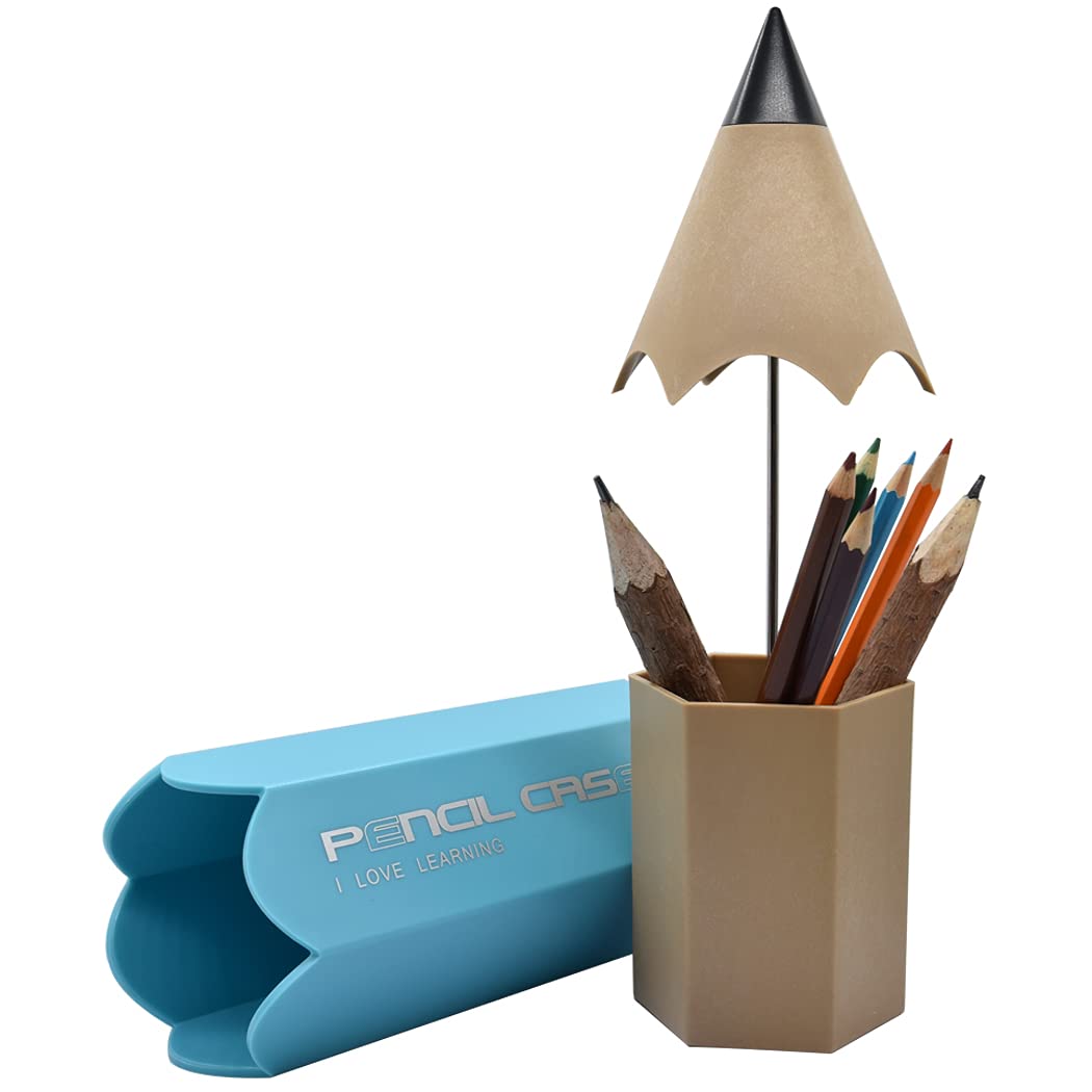 Hoshen Large-Capacity Two-In-One Pencil Shape Pen Holder, Desktop Stationery Storage Pen Holder, Eye Shadow Brush and Eyebrow Pencil Storage Bin, Makeup Brush Storage Bin，Sky Blue