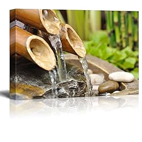Bamboo Waterfall on a Japanese Garden - Canvas Art Home Art - 12x18 inches