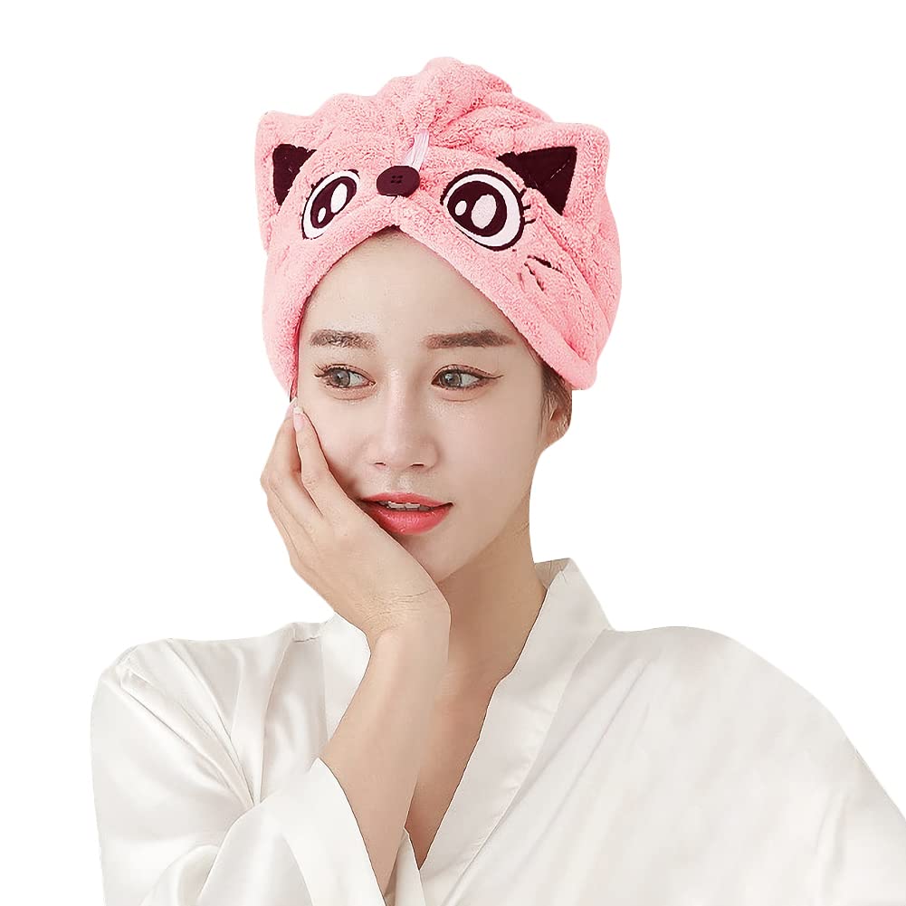 Microfiber Hair Drying Cap Super Absorbent Hair Drying Towels Wrap Women Girls Quick Dry Hair Turban Cap with Button Design Bath Shower Head Wrap Elastic Fast Magic Dryer Hat Towel (Pink)