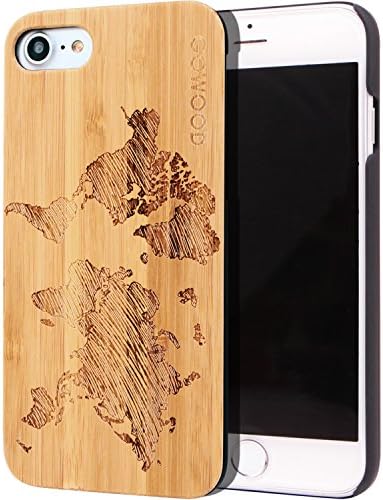 iPhone 7 and 8 Wood Case | Real Natural Bamboo World Map Design Engraved on Backside and Durable Hard Polycarbonate Shockproof Bumper with Shock Absorbing Rubber Coating
