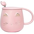 Yuwu Cat Mug Cute Coffee Mug gifts for cat lovers Ceramic Cup, Novelty Mug with Lid and Stainless Steel Spoon, Christmas Birthday Gifts Present for kids Women Girls (pink)