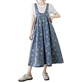 chouyatou Women's Boho Floral Embroidery Denim Overall Dress A-Line Tie Knot Back Midi Long Jean Jumper Dress