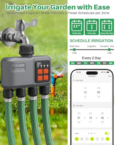 johgee 4 Way WiFi Irrigation Timer with RF 300M Technology, WiFi Irrigation Control, Compatible with Alexa & App, Watering Timer with 2 Modes & Rain Delay for Garden, Lawn