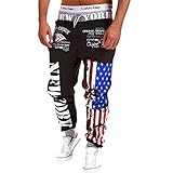 Pishon Men's Jogger Pants Casual Flag Pattern Hip Pop Jogging Cotton Sweat Pants, Black, Medium