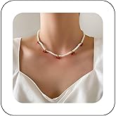 Allereyae Vintage Pearl Choker Necklace Red Ruby Strawberry Dangle Necklace Boho Dangle Strawberry Necklace Pearl Chain Necklace Jewelry for Women