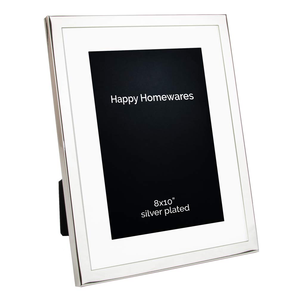 Happy Homewares Rectangular Silver Plated Matted Picture Frame to Hold 8" x 10" Picture - Tarnish Resistant Lacquer Coated with Black Velvet Backing