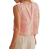 Women Summer Tie Front Vests Y2k Floral Embroidery Eyelet Crop Tank Tops Boho V Neck Sleeveless Hollow Out Cami Tops