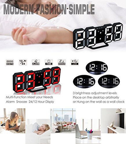 LED Digital Alarm Clock For Desk / Shelf / Tabletop, Modern Home Decoration 3D Wall Clock, Easy To Read at Night, Loud Alarm and Snooze, Big Digit Display (Black Frame, Red Light) - Thumbnail 5