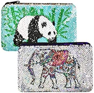 Sparkly Flip Sequin Pencil Pouch Pandas&Elephant Pattern Small Makeup Organizer Bag Purse