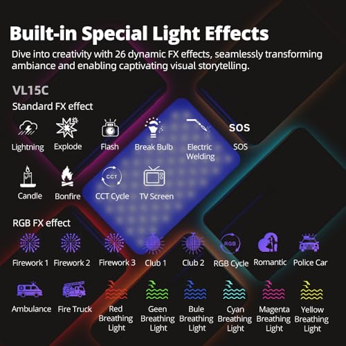 AMBITFUL Video Lighting with App Control, RGB Full Colour, 10 FX Effects, Hot Shoe Base for Photography Video Lighting Studio, CRI/TLCI 95+ (VL15C