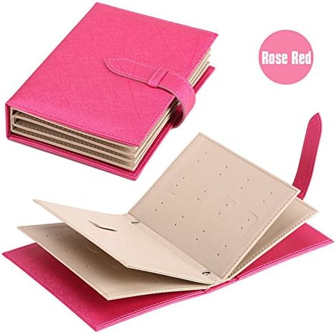 Cozhome 2piece Women Girl Travel Holder 42-Pair Earrings Leather Book album Earring ,Jewelry Display Organizer,Ear Studs Storage Organizer ,Lovely Design Good Jewelry Earring Storage Holder Rose Red
