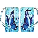 Samsung J7 V Case, Galaxy J7 Prime, J7 Perx, J7 Sky Pro Wallet Pouch Folio PU Leather Case w/[Kickstand] Card Slot Wrist Strap For Galaxy J7 (2017) J7V by Zase (Violet Blue Butterfly Flower)