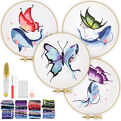 Embroidery Kits for Beginners for Adult, 4 Sets Butterfly Whale Embroidery Kit for Beginners Include Embroidery Cloth Hoops Threads for Craft Lover Hand Stitch with Embroidery Skill Techniques